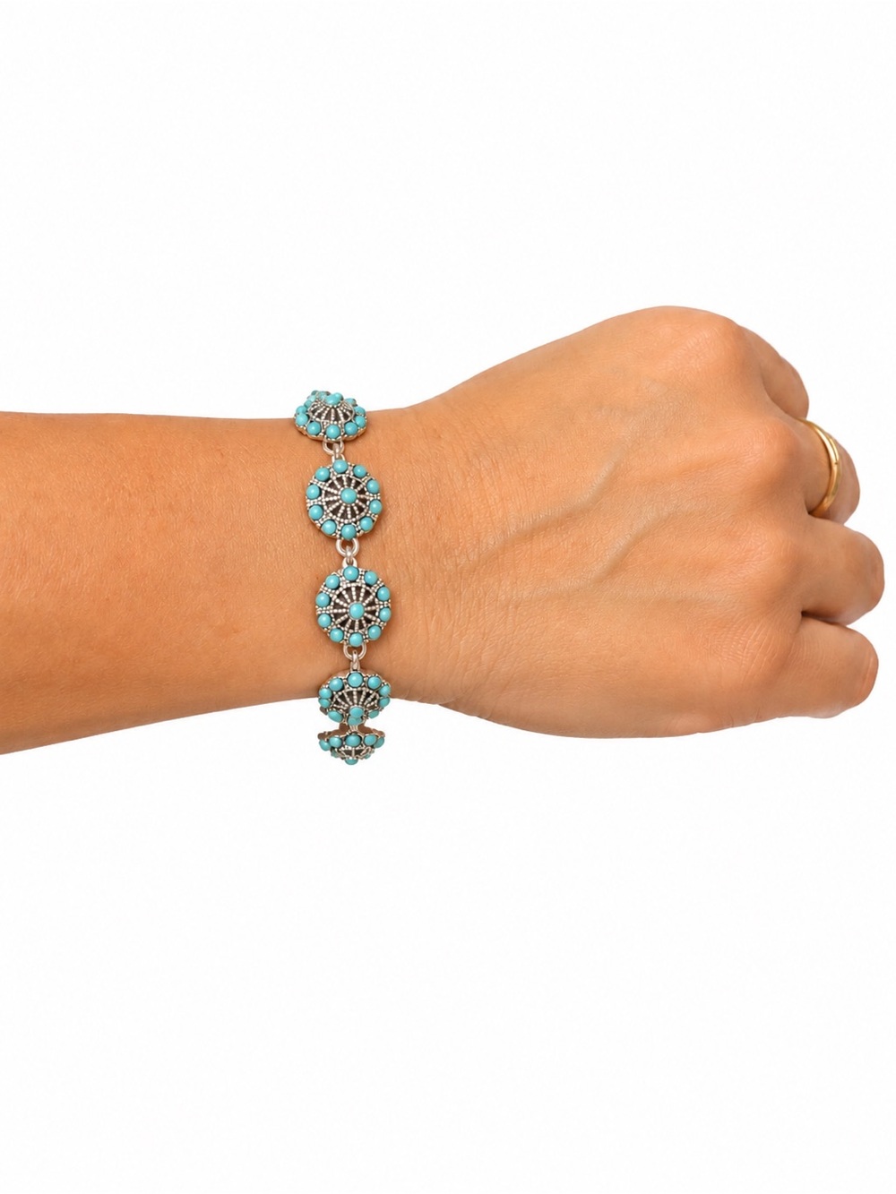 Turquoise Beaded Silver Tone Medallion Fashion Bracelet Boho Western Statement